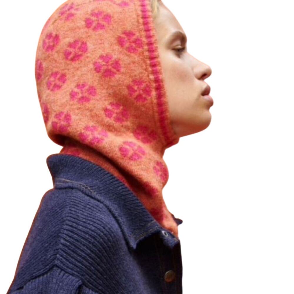 Zara Floral Balaclava Hat Womens Pink Coral Knit Hooded Scarf Outdoor Winter